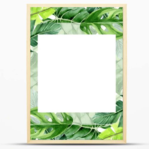 Exotic tropical hawaiian palm tree leaves isolated on white. Watercolor background illustration set. Frame ornament with copy space.