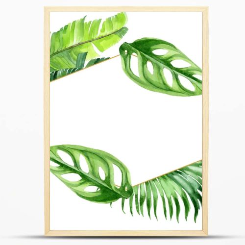 Exotic tropical hawaiian palm tree leaves isolated on white. Watercolor background illustration set. Frame ornament with copy space.