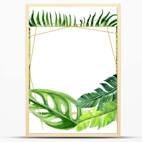 Exotic tropical hawaiian palm tree leaves isolated on white. Watercolor background illustration set. Frame ornament with copy space.