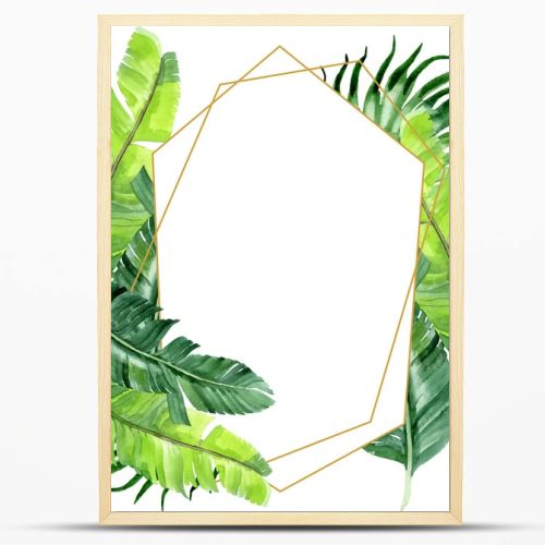 Exotic tropical hawaiian palm tree leaves isolated on white. Watercolor background illustration set. Frame ornament with copy space.