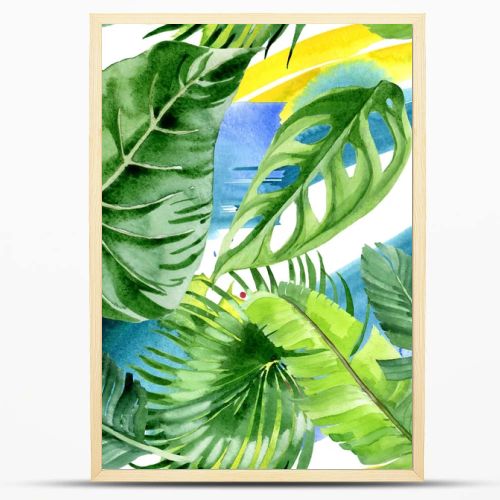 Exotic tropical hawaiian palm tree leaves. Watercolor background illustration set. Seamless background pattern. 