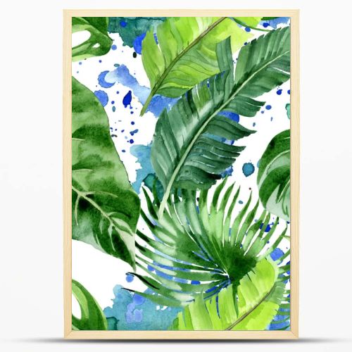 Exotic tropical hawaiian palm tree leaves. Watercolor background illustration set. Seamless background pattern. 