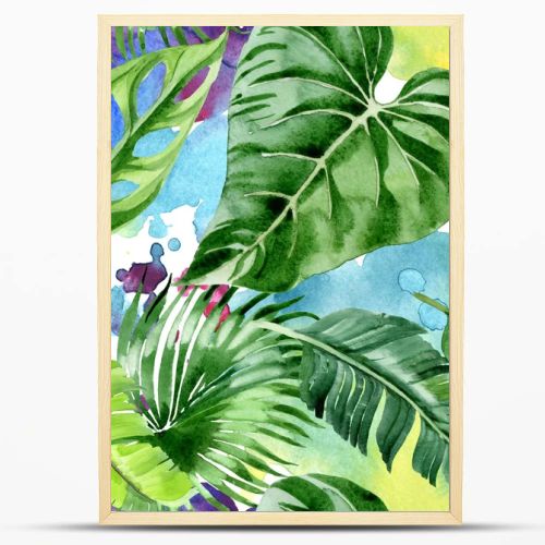 Exotic tropical hawaiian palm tree leaves. Watercolor background illustration set. Seamless background pattern. 