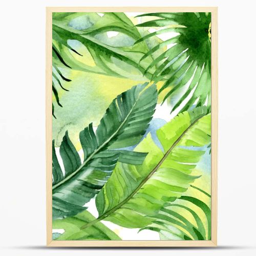 Exotic tropical hawaiian palm tree leaves. Watercolor background illustration set. Seamless background pattern. 