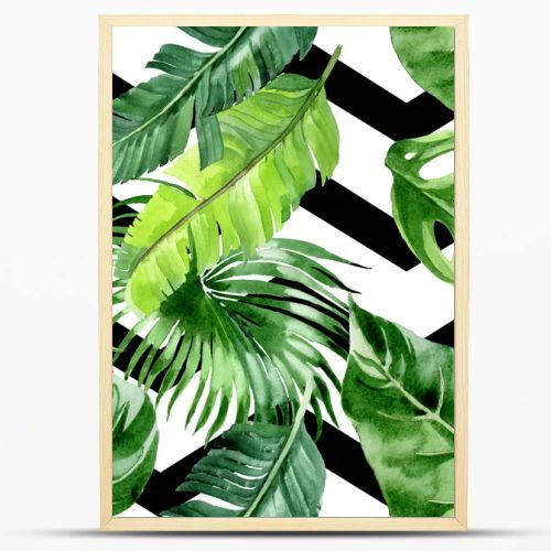 Exotic tropical hawaiian palm tree leaves. Watercolor background illustration set. Seamless background pattern. 