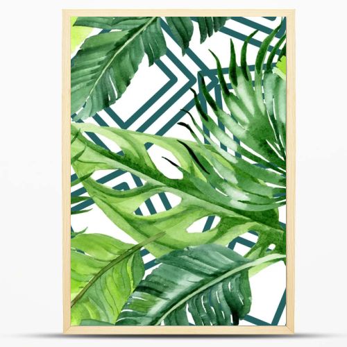 Exotic tropical hawaiian palm tree leaves. Watercolor background illustration set. Seamless background pattern. 