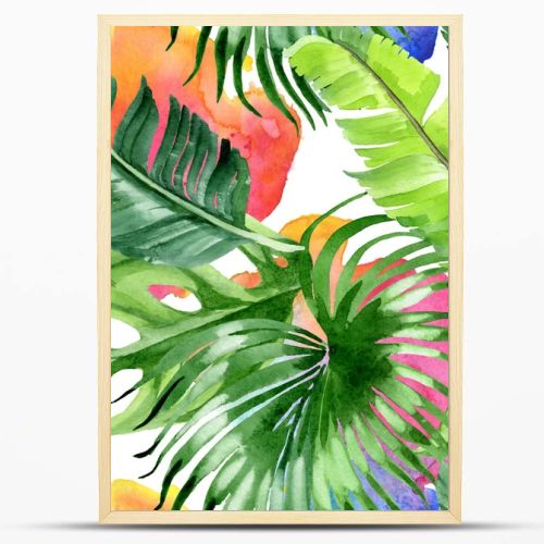Exotic tropical hawaiian palm tree leaves. Watercolor background illustration set. Seamless background pattern. 