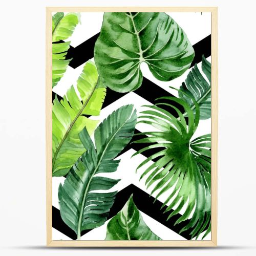 Exotic tropical hawaiian palm tree leaves. Watercolor background illustration set. Seamless background pattern. 