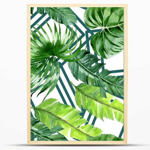 Exotic tropical hawaiian palm tree leaves. Watercolor background illustration set. Seamless background pattern. 