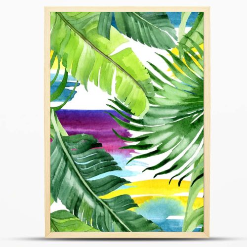 Exotic tropical hawaiian palm tree leaves. Watercolor background illustration set. Seamless background pattern. 
