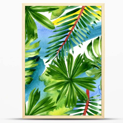 Palm beach tree leaves jungle botanical. Watercolor background illustration set. Seamless background pattern.