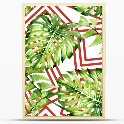 Palm beach tree leaves jungle botanical. Watercolor background illustration set. Seamless background pattern.