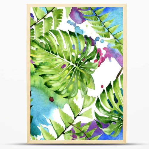 Palm beach tree leaves jungle botanical. Watercolor background illustration set. Seamless background pattern.