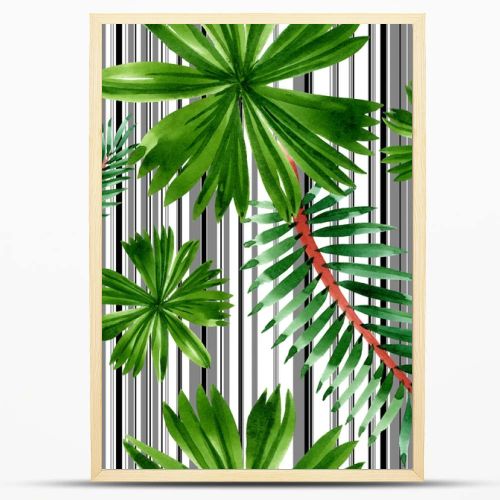 Palm beach tree leaves jungle botanical. Watercolor background illustration set. Seamless background pattern.