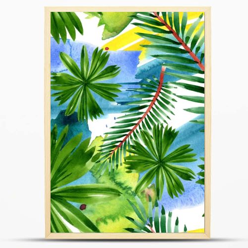 Palm beach tree leaves jungle botanical. Watercolor background illustration set. Seamless background pattern.