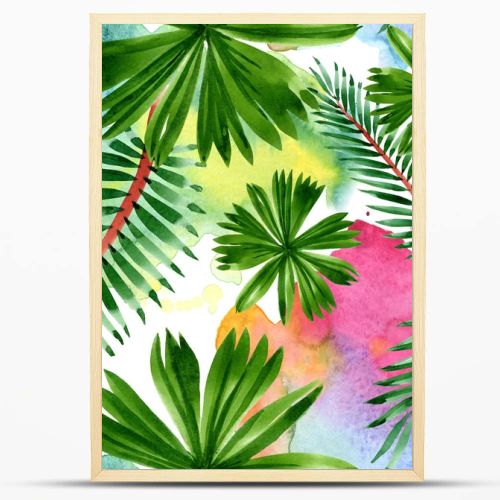 Palm beach tree leaves jungle botanical. Watercolor background illustration set. Seamless background pattern.