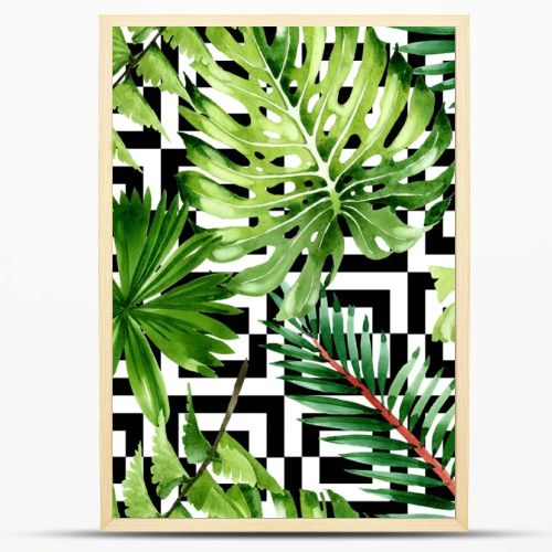 Palm beach tree leaves jungle botanical. Watercolor background illustration set. Seamless background pattern.