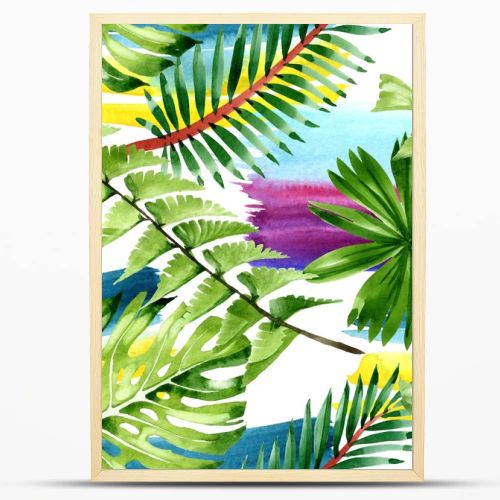 Palm beach tree leaves jungle botanical. Watercolor background illustration set. Seamless background pattern.