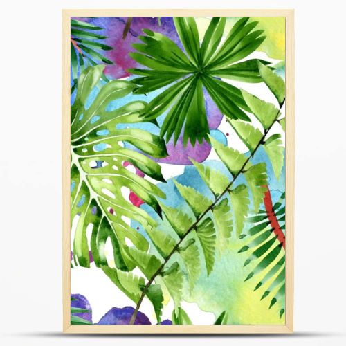 Palm beach tree leaves jungle botanical. Watercolor background illustration set. Seamless background pattern.