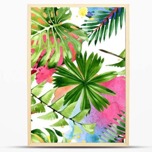 Palm beach tree leaves jungle botanical. Watercolor background illustration set. Seamless background pattern.