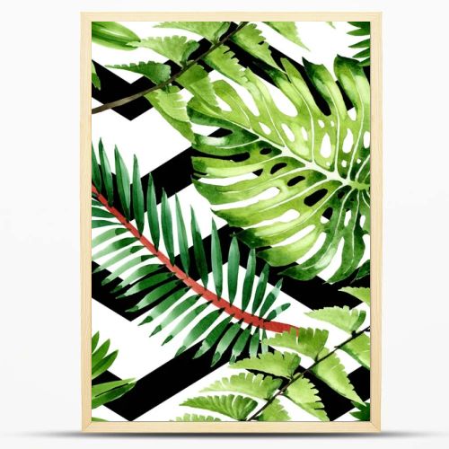 Palm beach tree leaves jungle botanical. Watercolor background illustration set. Seamless background pattern.