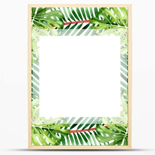 Palm beach tree leaves jungle botanical. Watercolor background illustration set. Frame border ornament square.