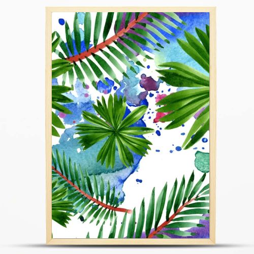 Palm beach tree leaves jungle botanical. Watercolor background illustration set. Seamless background pattern.