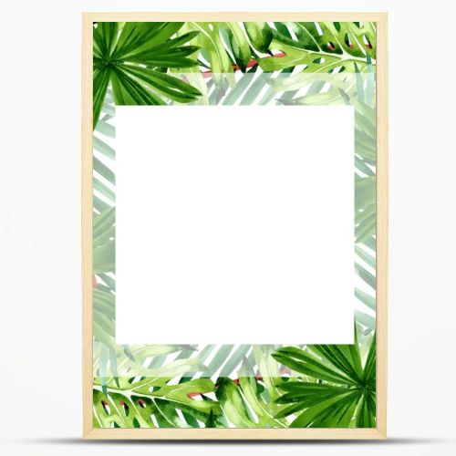 Palm beach tree leaves jungle botanical. Watercolor background illustration set. Frame border ornament square.