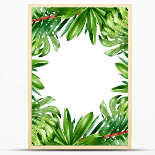 Palm beach tree leaves jungle botanical. Watercolor background illustration set. Frame border ornament square.