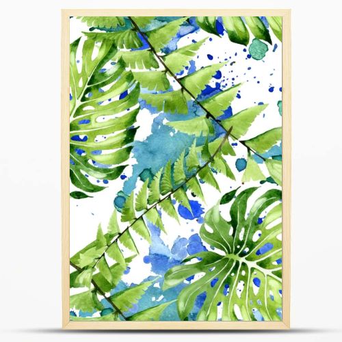 Palm beach tree leaves jungle botanical. Watercolor background illustration set. Seamless background pattern.