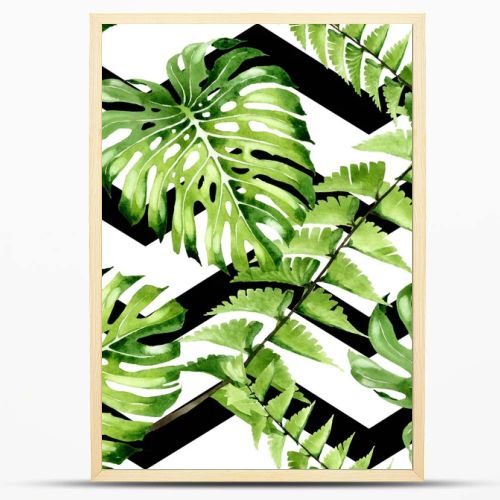 Palm beach tree leaves jungle botanical. Watercolor background illustration set. Seamless background pattern.