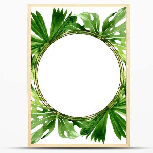 Palm beach tree leaves jungle botanical. Watercolor background illustration set. Frame border ornament square.