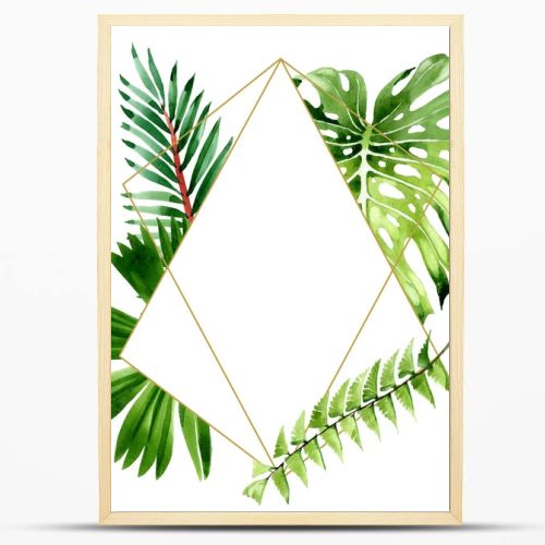 Palm beach tree leaves jungle botanical. Watercolor background illustration set. Frame border ornament square.