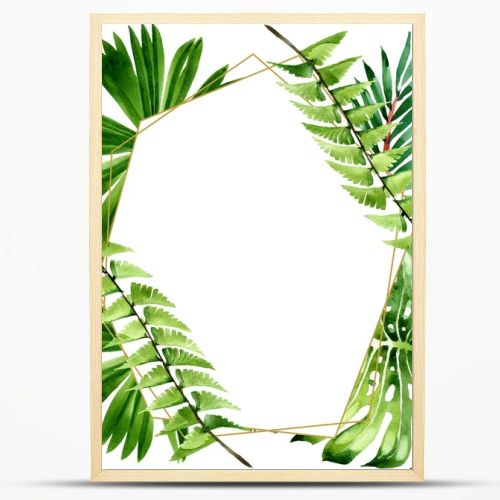 Palm beach tree leaves jungle botanical. Watercolor background illustration set. Frame border ornament square.