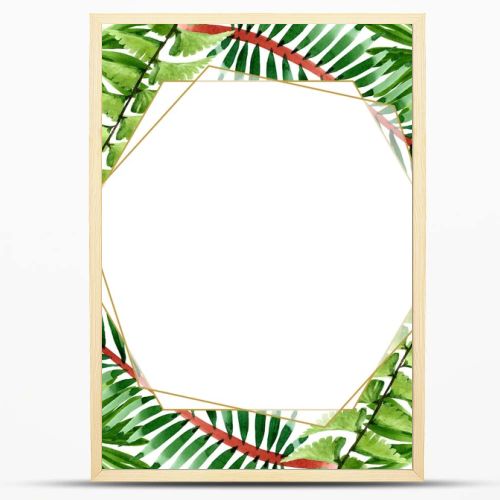 Palm beach tree leaves jungle botanical. Watercolor background illustration set. Frame border ornament square.