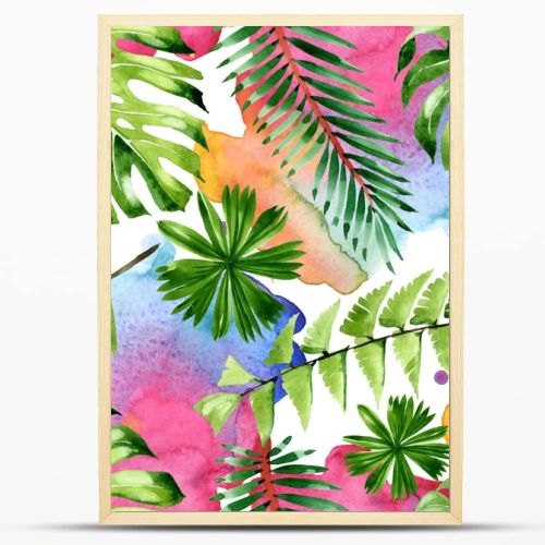 Palm beach tree leaves jungle botanical. Watercolor background illustration set. Seamless background pattern.