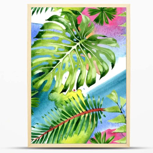 Palm beach tree leaves jungle botanical. Watercolor background illustration set. Seamless background pattern.