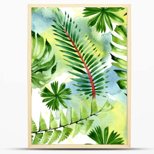 Palm beach tree leaves jungle botanical. Watercolor background illustration set. Seamless background pattern.