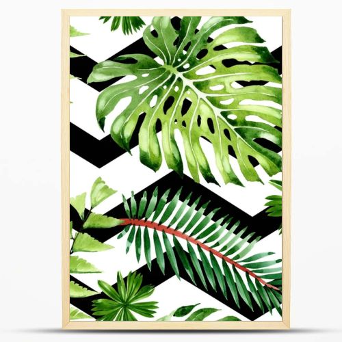 Palm beach tree leaves jungle botanical. Watercolor background illustration set. Seamless background pattern.