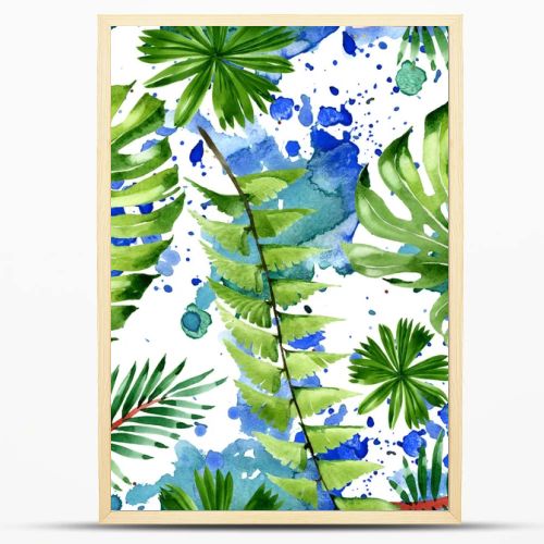 Palm beach tree leaves jungle botanical. Watercolor background illustration set. Seamless background pattern.