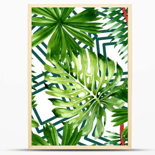 Palm beach tree leaves jungle botanical. Watercolor background illustration set. Seamless background pattern.