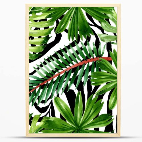 Palm beach tree leaves jungle botanical. Watercolor background illustration set. Seamless background pattern.
