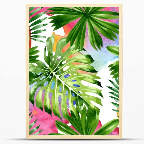 Palm beach tree leaves jungle botanical. Watercolor background illustration set. Seamless background pattern.