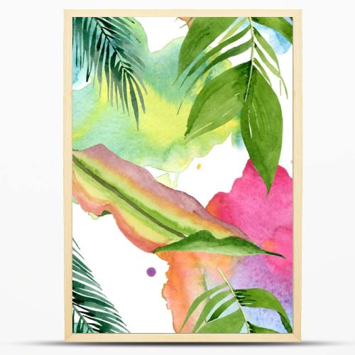 Palm beach tree leaves jungle botanical. Watercolor background illustration set. Seamless background pattern.