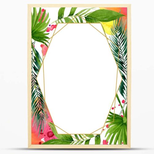Palm beach tree leaves jungle botanical. Watercolor background illustration set. Frame border ornament square.
