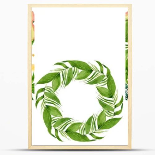 Palm beach tree leaves jungle botanical. Watercolor background illustration set. Frame border ornament square.