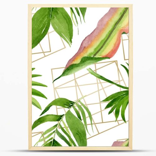 Palm beach tree leaves jungle botanical. Watercolor background illustration set. Seamless background pattern.