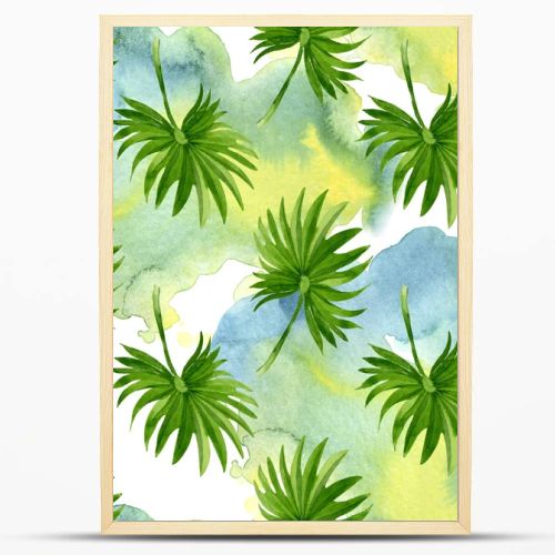 Palm beach tree leaves jungle botanical. Watercolor background illustration set. Seamless background pattern.