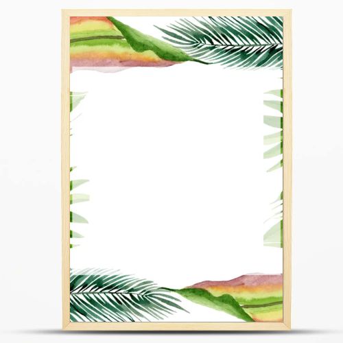 Palm beach tree leaves jungle botanical. Watercolor background illustration set. Frame border ornament square.