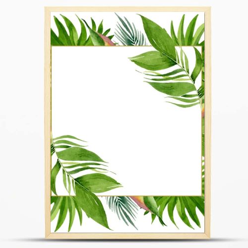 Palm beach tree leaves jungle botanical. Watercolor background illustration set. Frame border ornament square.